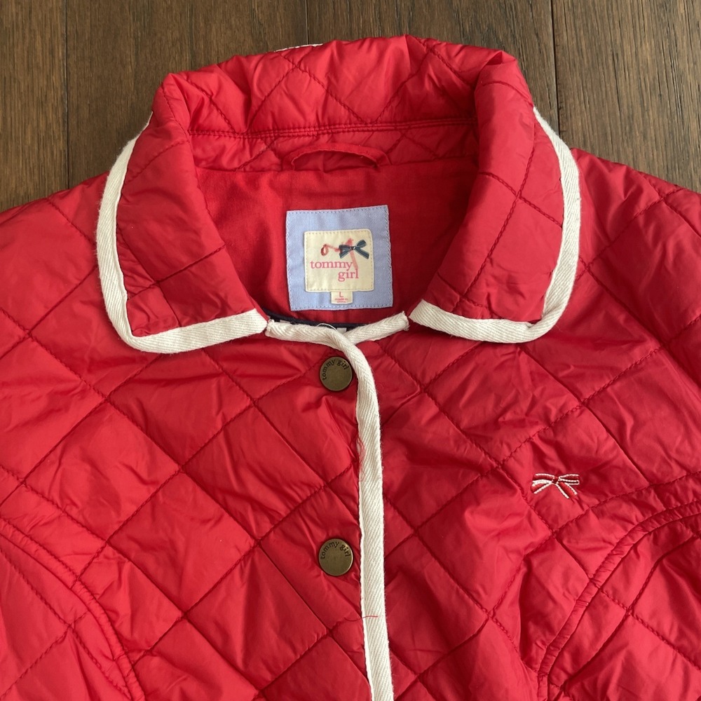 Tommy Girl Hilfiger Quilted Jacket Girls sz L 10 12 Red White Piping Equestrian